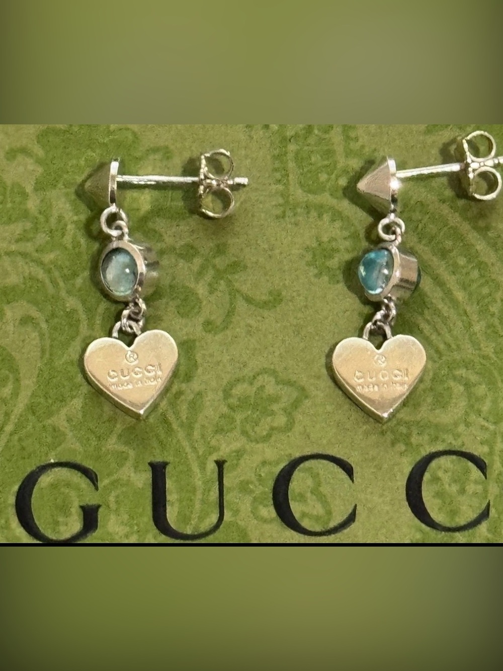 Gucci Silver Heart Drop Earrings with Blue Cabochon